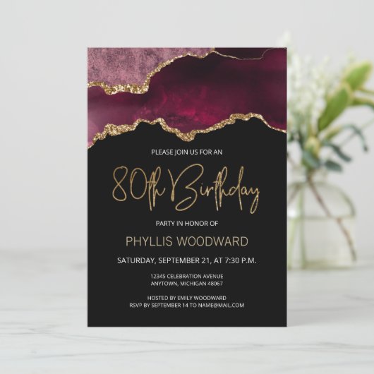 Elegant Burgundy Agate 80th Birthday Invitation (Staand voorkant)