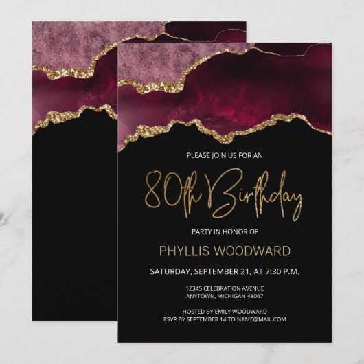 Elegant Burgundy Agate 80th Birthday Invitation (Voorkant / Achterkant)