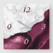 Elegant Burgundy Agate Silver Glitter Marble Vierkante Klok (Voorkant)