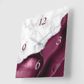 Elegant Burgundy Agate Silver Glitter Marble Vierkante Klok (Hoek)