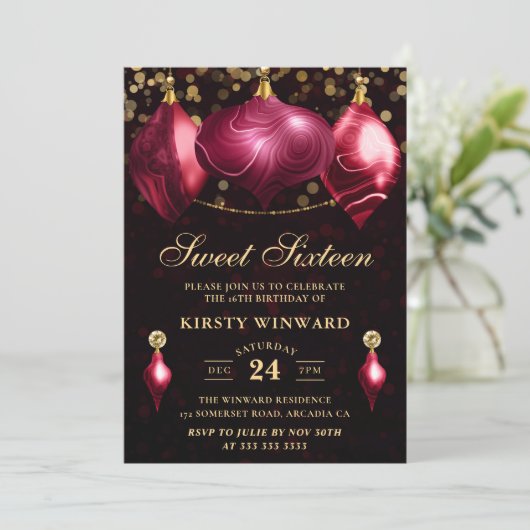Elegant Burgundy Agate Winter Baubles Sweet 16 Kaart (Staand voorkant)