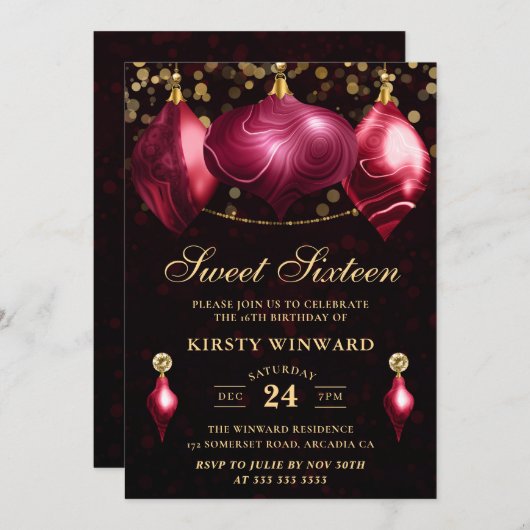 Elegant Burgundy Agate Winter Baubles Sweet 16 Kaart (Voorkant / Achterkant)