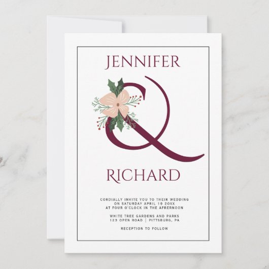 Elegant burgundy ampersand en bruiloft met roze bl kaart (Voorkant)