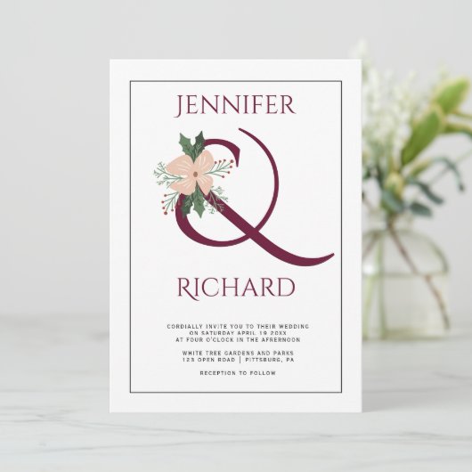 Elegant burgundy ampersand en bruiloft met roze bl kaart (Staand voorkant)