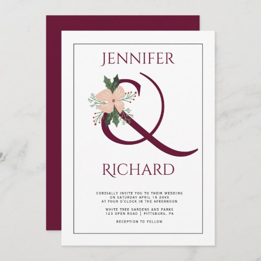 Elegant burgundy ampersand en bruiloft met roze bl kaart (Voorkant / Achterkant)