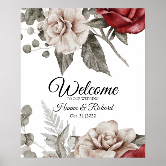Elegant Burgundy and Beige Wedding Welcome Sign. Poster (Voorkant)