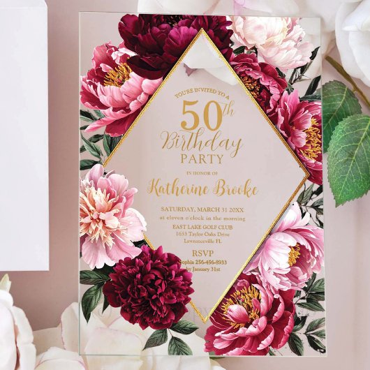 Elegant Burgundy and Blush Peony Floral Birthday Acryl Uitnodigingen
