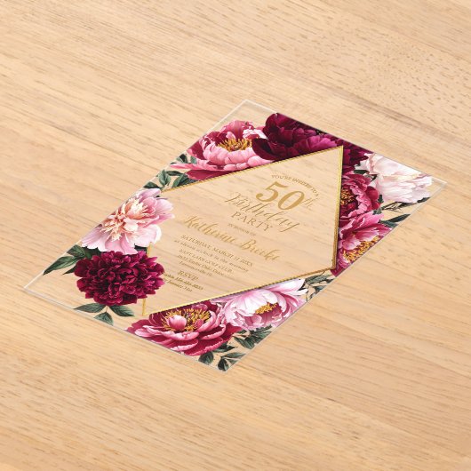 Elegant Burgundy and Blush Peony Floral Birthday Acryl Uitnodigingen (Laagn)