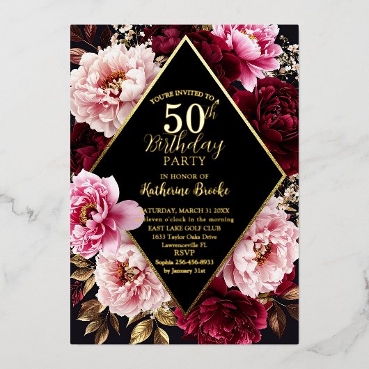 Elegant Burgundy and Blush Peony Floral Birthday Folie Uitnodiging (Voorkant)