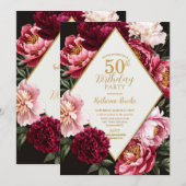 Elegant Burgundy and Blush Peony Floral Birthday Kaart (Voorkant / Achterkant)