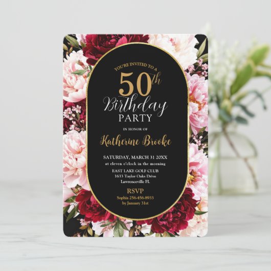 Elegant Burgundy and Blush Peony Floral Birthday Kaart (Staand voorkant)