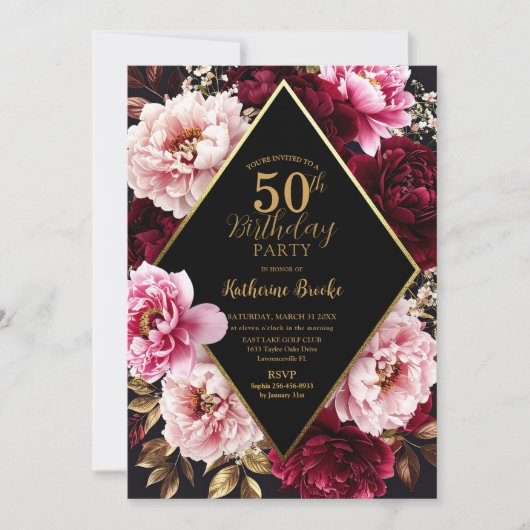Elegant Burgundy and Blush Peony Floral Birthday Kaart (Voorkant)