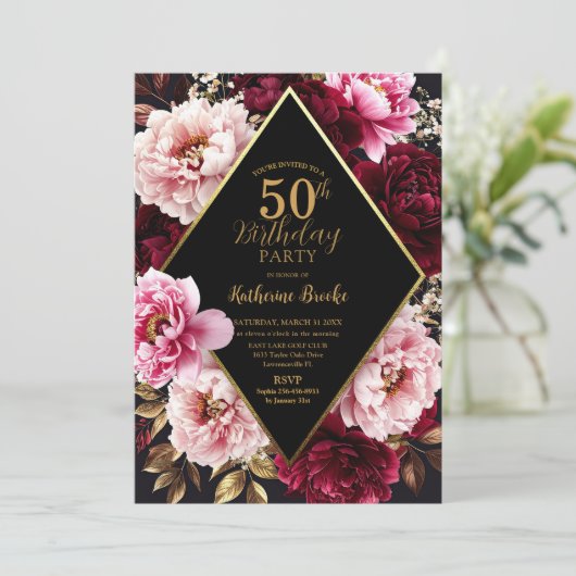 Elegant Burgundy and Blush Peony Floral Birthday Kaart (Staand voorkant)