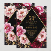 Elegant Burgundy and Blush Peony Floral Birthday Kaart (Voorkant / Achterkant)