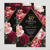 Elegant Burgundy and Blush Peony Floral Birthday Kaart (Voorkant / Achterkant)