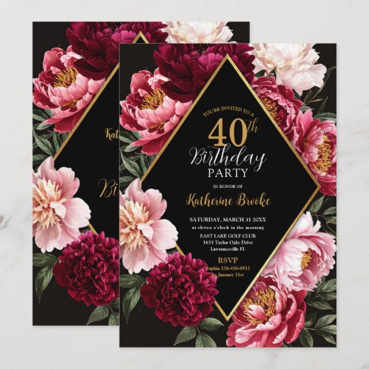 Elegant Burgundy and Blush Peony Floral Birthday Kaart (Voorkant / Achterkant)