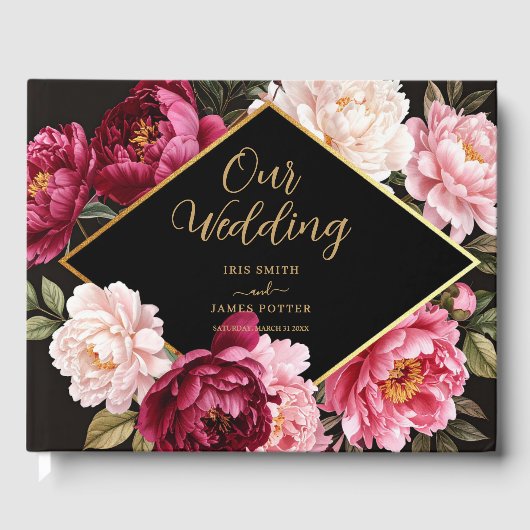 Elegant Burgundy and Blush Peony Floral Wedding Gastenboek (Voorkant)