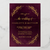 Elegant Burgundy and Gold Botanical Wedding Folie Uitnodiging (Voorkant)
