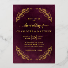 Elegant Burgundy and Gold Botanical Wedding Folie Uitnodiging