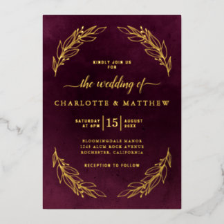 Elegant Burgundy and Gold Botanical Wedding Folie Uitnodiging