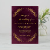 Elegant Burgundy and Gold Botanical Wedding Folie Uitnodiging (Staand Voorkant)