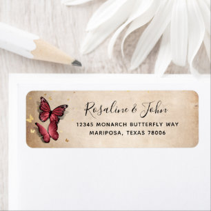 Elegant Burgundy and Gold Butterfly Return Address Etiket