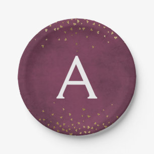 Elegant Burgundy and Gold Foil Confetti Monogram Papieren Bordje