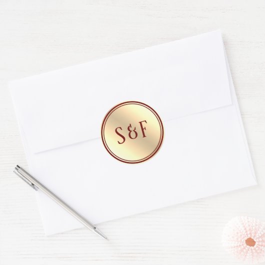 Elegant Burgundy and Gold Foil Monogram Ronde Sticker (Envelop)