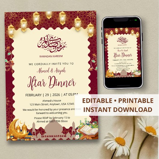 Elegant Burgundy and Gold Iftar Invitation Lantern Kaart