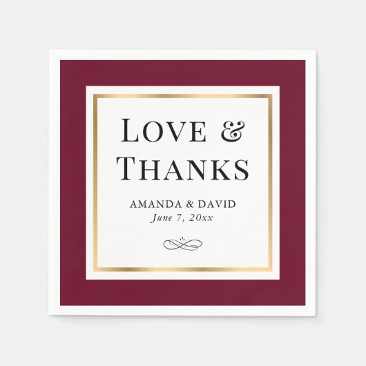 Elegant Burgundy and Gold Love and Bedankt Wedding Servet (Voorkant)