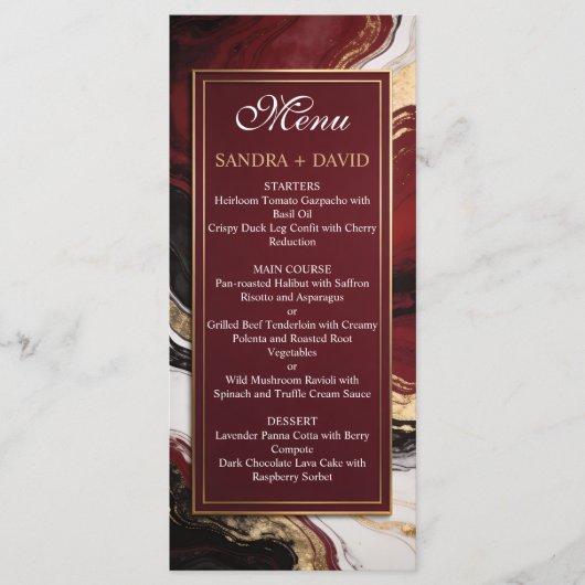 Elegant Burgundy and Gold Marble Wedding Menu (Voorkant)