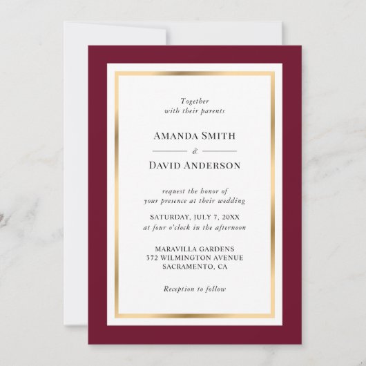 Elegant Burgundy and Gold Wedding Invitation Kaart (Voorkant)