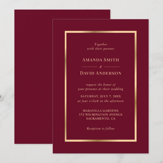 Elegant Burgundy and Gold Wedding Invitation Kaart (Voorkant / Achterkant)