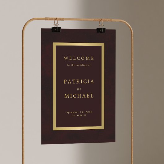 Elegant burgundy and gold wedding welcome sign poster