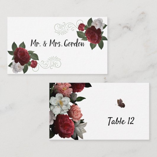 Elegant Burgundy and Pink Flowers Escort Kaart Plaatskaartje (Voorkant / Achterkant)