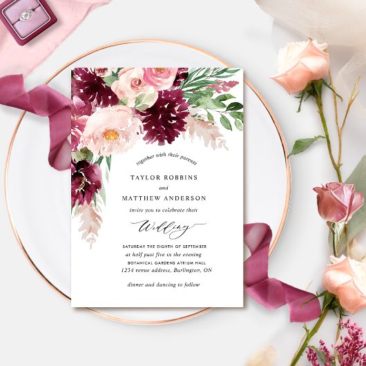 Elegant Burgundy Berry Blush Pink Floral Wedding Kaart