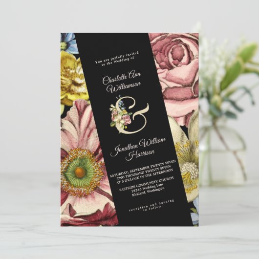 Elegant Burgundy Black Gold Floral Wedding Kaart (Staand voorkant)