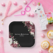 Elegant Burgundy Bloemendek Zwart Bruiloft  Papieren Bordje (Feest)