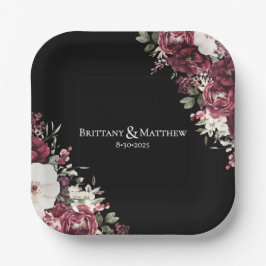 Elegant Burgundy Bloemendek Zwart Bruiloft  Papieren Bordje