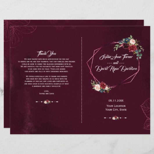 Elegant burgundy bloemmotief geometrisch trouwprog (Voorkant / Achterkant)