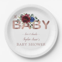 Elegant Burgundy Blue Floral Gold Boy Baby shower