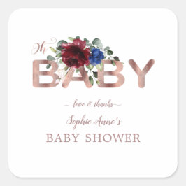 Elegant Burgundy Blue Floral Gold Boy Baby shower Vierkante Sticker