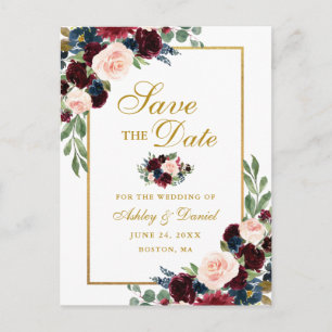 Elegant Burgundy Blue Floral Gold Save the Date Aankondigingskaart