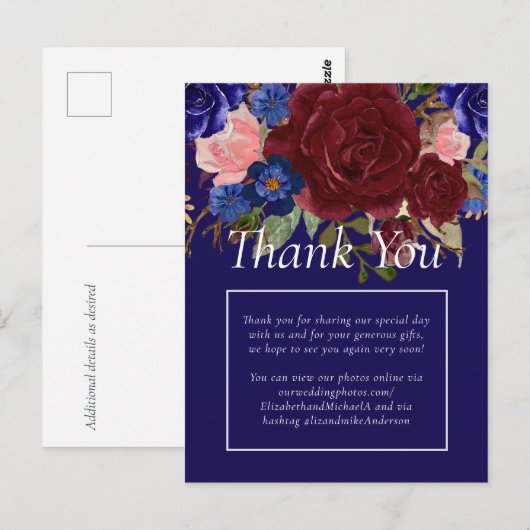 Elegant Burgundy Blue Floral Wedding Budget Briefkaart (Voorkant / Achterkant)