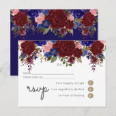 Elegant Burgundy Blue Floral Wedding Budget RSVP Uitnodiging Briefkaart (Voorkant / Achterkant)