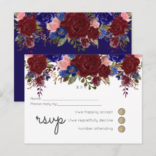 Elegant Burgundy Blue Floral Wedding Budget RSVP Uitnodiging Briefkaart (Voorkant / Achterkant)