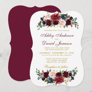 Elegant Burgundy Blue Waterverf Floral Wedding BR Kaart