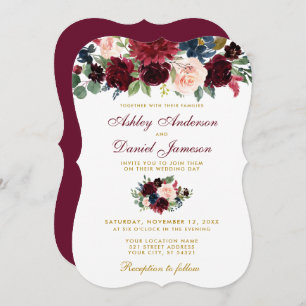 Elegant Burgundy Blue Waterverf Floral Wedding Kaart