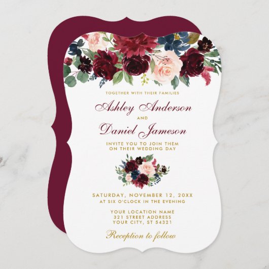 Elegant Burgundy Blue Waterverf Floral Wedding Kaart (Voorkant / Achterkant)