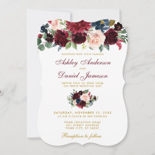 Elegant Burgundy Blue Waterverf Floral Wedding W Kaart